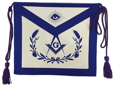 Royal Blue Master Mason Leather Apron with wreath purple cord & tassel -