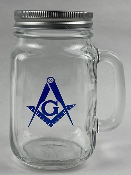 16oz.glass Masonic Mason jars with handle and lid.